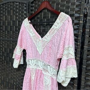 70s Vintage handmade pink and white lace maxi dress boho lavcey